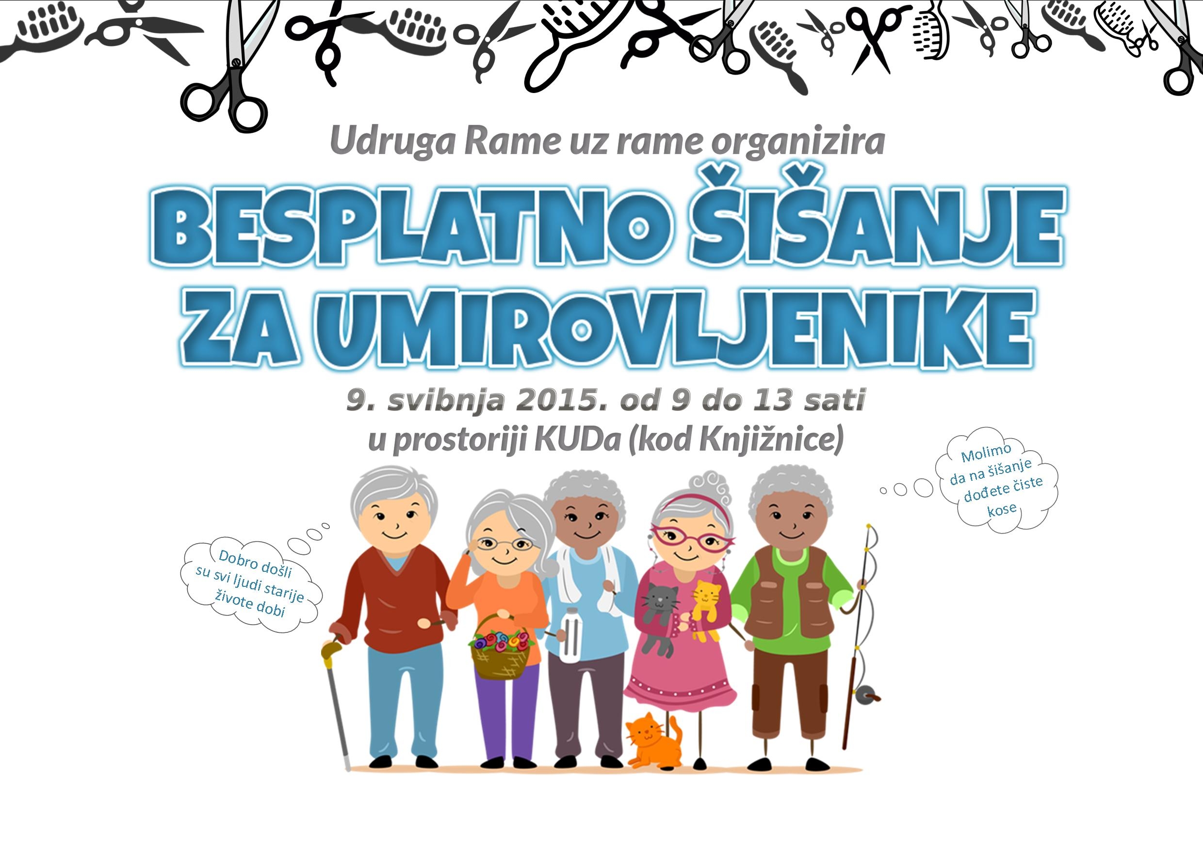 <p>Udruga Rame uz rame organizira akciju besplatnog šišanja za umirovljenike u Čepinu, 9. svibnja 2015. godine. Akcija će se održati u prostoriji KUD-a, na ulazu kod Knjižnice, od 9 do 13 sati.</p>
